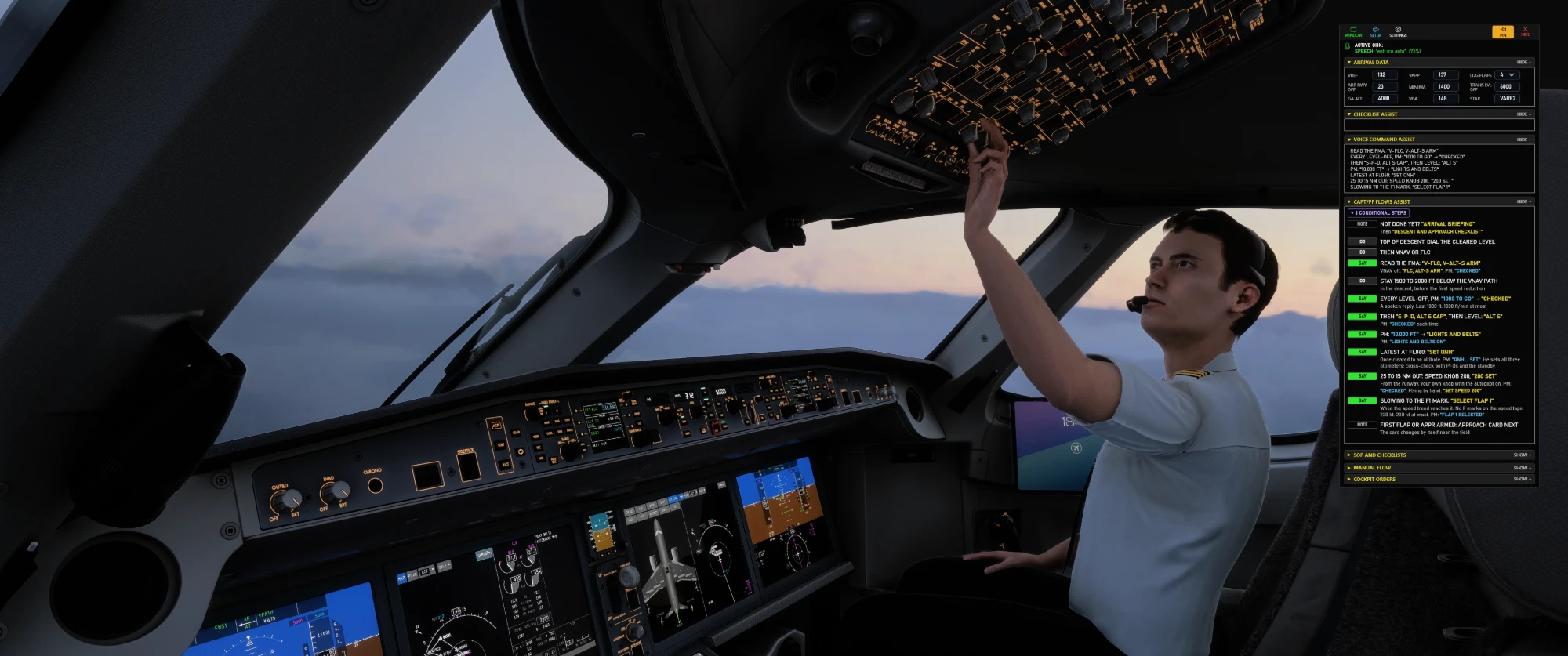 The PMX 3D first officer reaching for the overhead panel of the A220 at dusk, the PMX overlay on the right of the screen