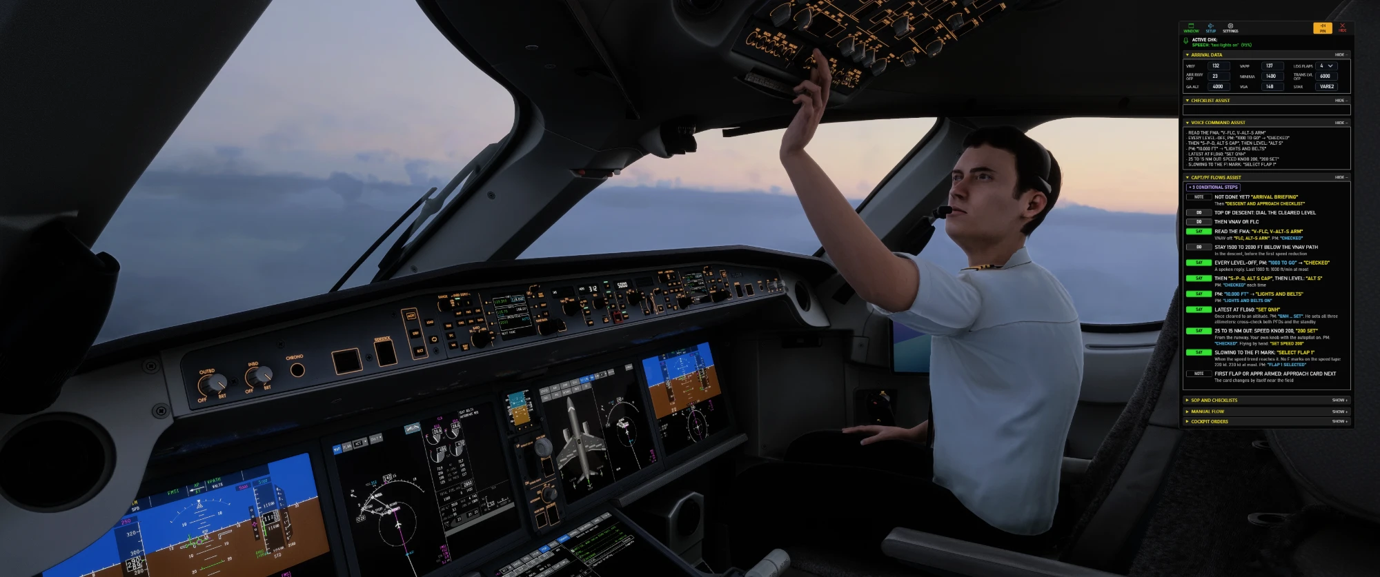 In flight: the 3D first officer works the overhead panel while the PMX overlay shows the descent flow